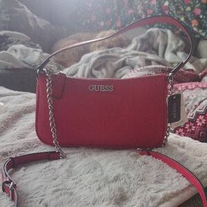 Guess Red Leather Shoulder Bag with Silver Chain